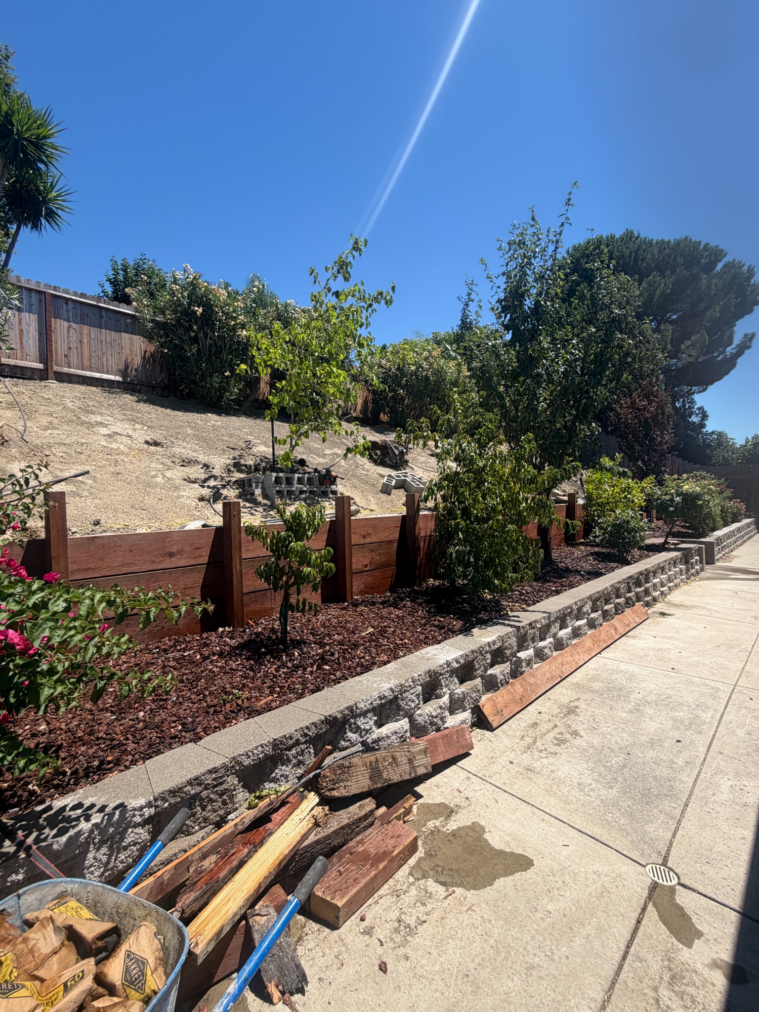Brentwood hillside during retaining and landscape construction