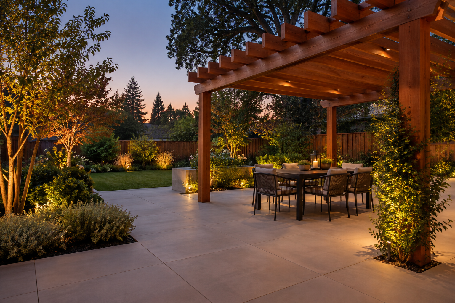 Completed backyard with a smooth paver patio, natural redwood pergola, layered planting and evening downlights