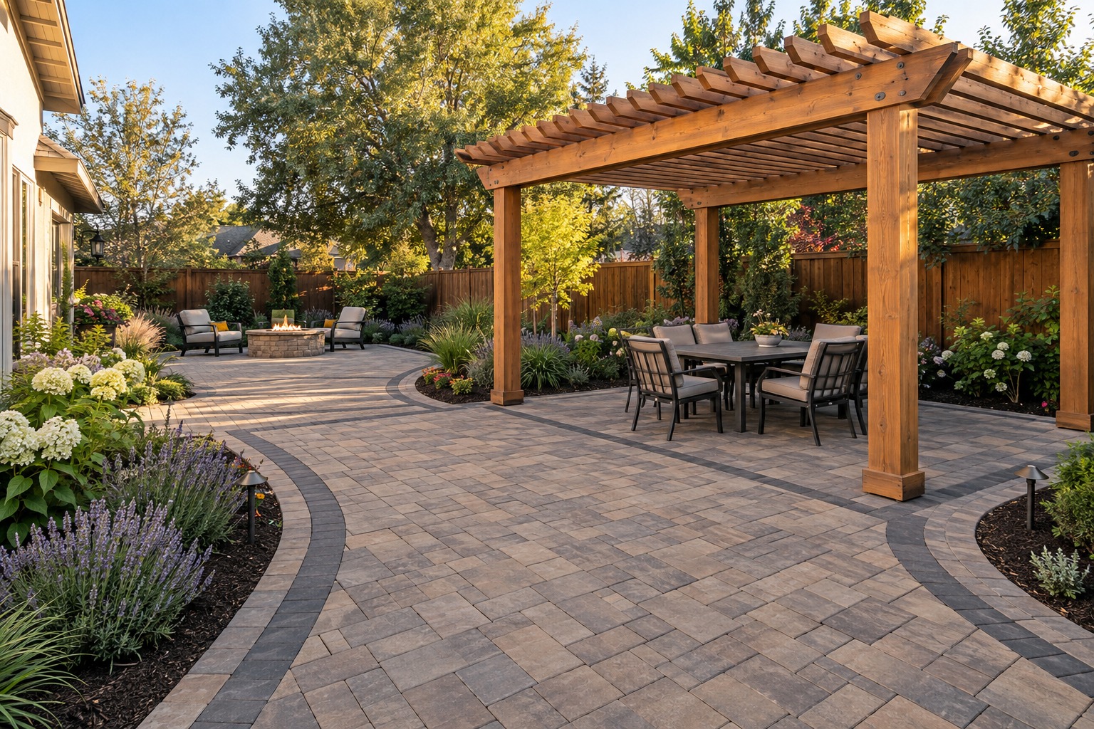Backyard remodeling design featuring detailed pavers, a redwood pergola and colorful planting beds