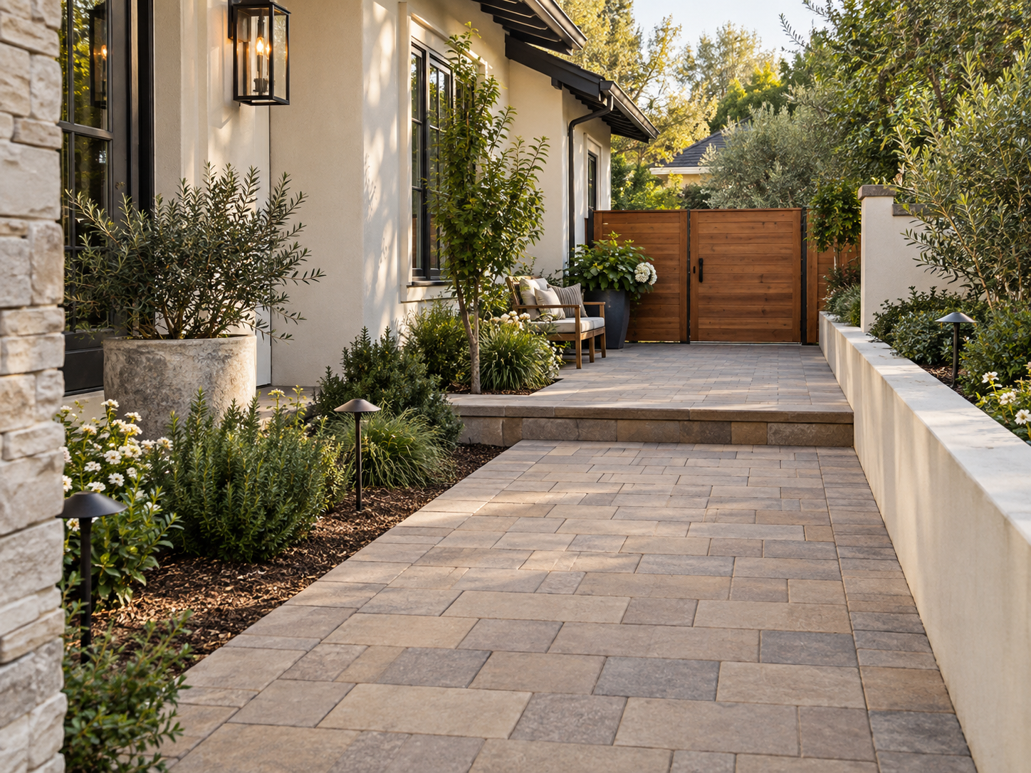 Design inspiration for a warm neutral paver walkway with garden edges