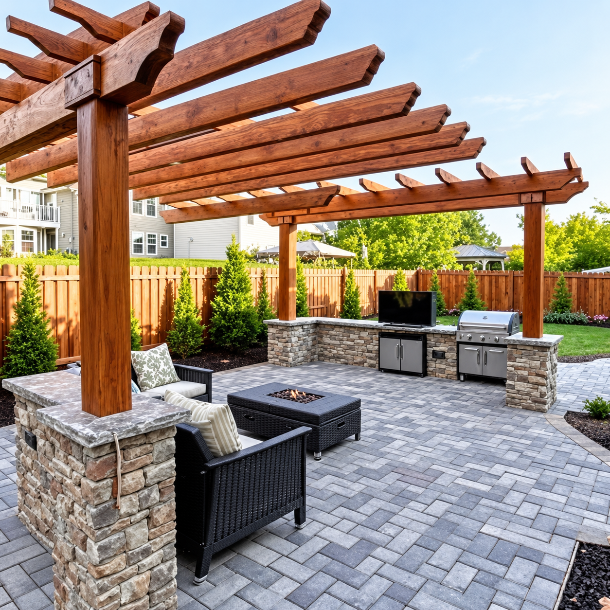 RJ Landscape outdoor living space with pergola, paver patio and stone counters